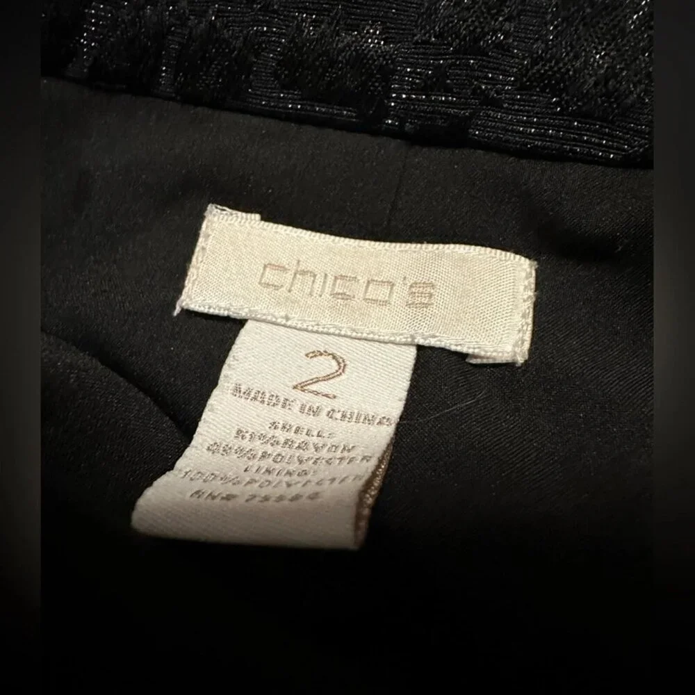 NWOT Chico's Black Shimmer Snakeskin Print Open Front Shawl Collar Jacket L 12